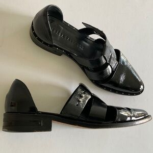 FREDA SALVADOR Lock Black Patent Leather Caged T-Strap Flats Size 6